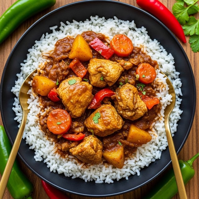 A black bowl filled with a bed of white rice as the base layer, topped with a thick stew of chicken pieces and chunky mixed vegetables like potatoes, carrots, and red peppers in a rich, spicy brown sauce that coats the ingredients. The stew pieces are tender and glossy, spread unevenly over the rice, showing bits of the white grains peeking through. Two golden spoons rest in the bowl on opposite sides, one scooping rice and stew. The bowl sits on a wooden surface with some green and red peppers and herbs around it. photo taken with an iphone --ar 4:5 --v 7