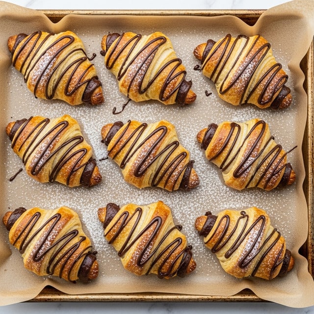 The image shows eight golden-brown croissants arranged in two columns and four rows on a baking tray lined with light brown parchment paper. Each croissant has a shiny, flaky crust with dark brown melted chocolate peeking from the side edges and is decorated with zigzag lines of dark chocolate drizzle on top. A light dusting of powdered sugar is scattered evenly over the croissants and parchment paper, adding a subtle white contrast against the warm colors. The baking tray rests on a wooden surface, which is replaced here by a white marbled texture. photo taken with an iphone --ar 4:5 --v 7