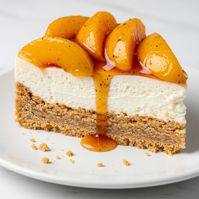 A close-up of a slice of pie on a white plate, showing four clear layers: the bottom layer is a thick, crumbly brown crust with some crumbs around the edge; above that is a smooth, creamy white filling layer; the next layer is a sticky, golden syrup mixed with spices that lightly cover the filling and drip down the side; the top layer features shiny, thick slices of bright yellow peaches covered in the same syrup with visible small brown spice specks. The white plate rests on a surface with a white marbled texture. photo taken with an iphone --ar 4:5 --v 7