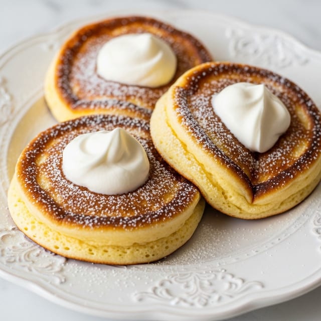 The image shows three golden-brown, thick, fluffy pancakes on a white plate with ornate edges, each topped with a dollop of white whipped cream and lightly dusted with powdered sugar. The pancakes have a slightly crisp edge with a soft, airy texture inside. The plate sits on a white marbled surface, and the background has a soft blur with warm colors. The focus is on the front pancake with the others receding behind it, creating depth in the image. Photo taken with an iphone --ar 4:5 --v 7