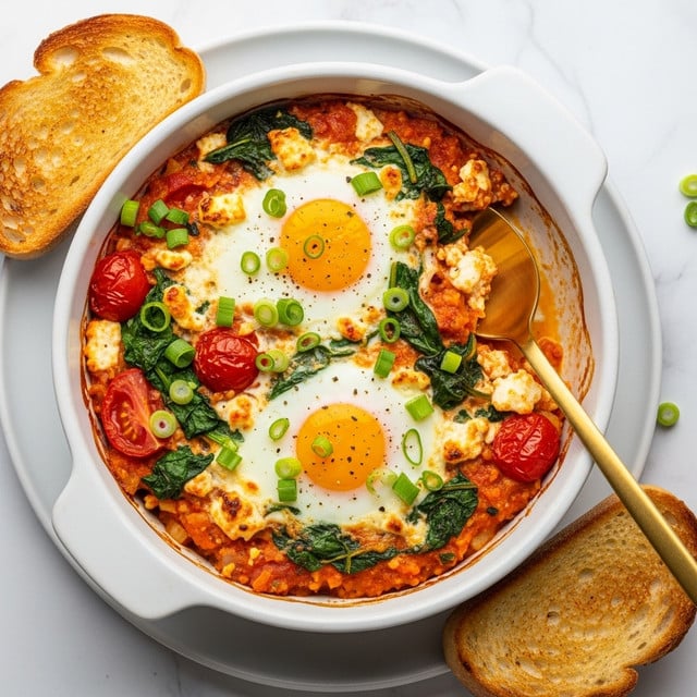 The dish shows a white round ceramic baking dish filled with baked eggs on top of a cooked vegetable mix. The bottom layer is a chunky orange sauce with green spinach leaves and pieces of red tomato scattered throughout. Two eggs sit on the top layer, their whites fully cooked and the bright yellow yolks soft and shiny. Chopped green onions are sprinkled over the eggs, adding pops of green color. The dish is placed on a white plate with two pieces of toasted golden-brown bread nearby. A gold spoon rests inside the baking dish, scooping some of the food. The background surface is a white marbled texture. photo taken with an iphone --ar 4:5 --v 7