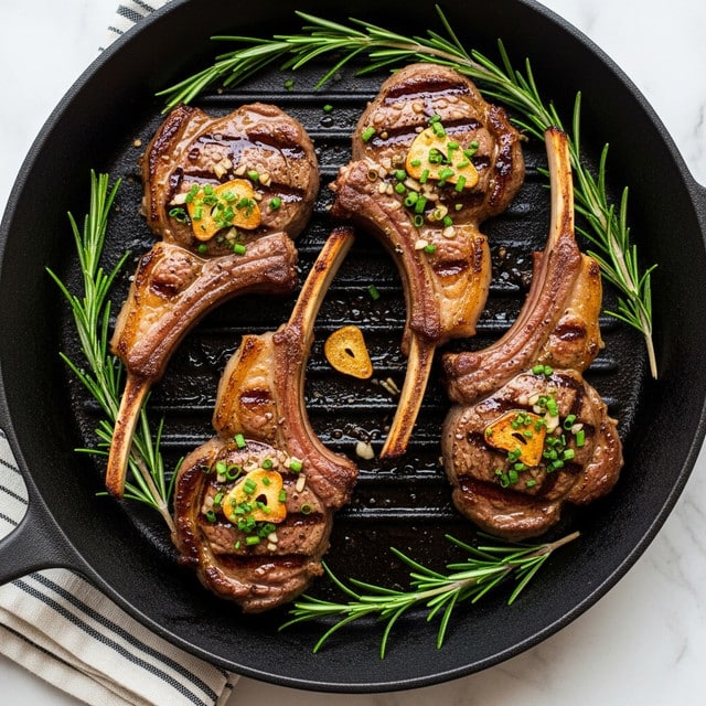The image shows a close-up of four grilled lamb chops with rich golden-brown crusts and char marks, spread out in a black cast iron pan. Each chop has a mix of browned meat and bone, with visible bits of chopped green herbs and small pieces of garlic sprinkled on top. The lamb chops rest on fresh green rosemary sprigs, adding a touch of color. The pan has a slightly shiny texture from the cooking oils around the meat, and a black and white striped cloth is partially visible in the bottom left corner on a white marbled texture. photo taken with an iphone --ar 4:5 --v 7