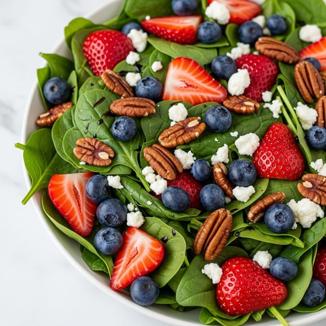 A close-up view of a fresh salad in a white bowl set on a white marbled surface. The salad has a base layer of dark green spinach leaves with a fresh and slightly glossy texture. Scattered on top are bright red strawberry halves and whole plump blueberries, adding vivid splashes of red and deep blue. There are also crunchy pecan nuts with a shiny, brown surface spread evenly throughout. Small white crumbs of feta cheese are sprinkled on top, adding a soft contrast. The salad is lightly drizzled with a shiny dark balsamic glaze, giving a slight shine and richness to the mix. Photo taken with an iphone --ar 4:5 --v 7