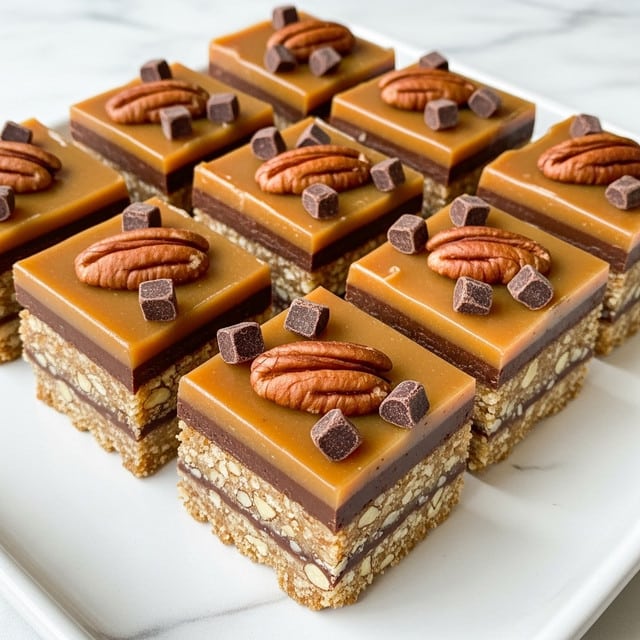 A close-up of nine square chocolate caramel nut bars arranged neatly in a white tray. Each bar has three distinct layers: a crumbly light brown nutty base with visible pieces of nuts, a thick dark chocolate middle layer, and a shiny golden-brown caramel top layer. The caramel layer is decorated with whole pecans and small chunks of dark chocolate scattered evenly on top. The tray is set on a white marbled texture surface, creating a clean and bright background. photo taken with an iphone --ar 4:5 --v 7