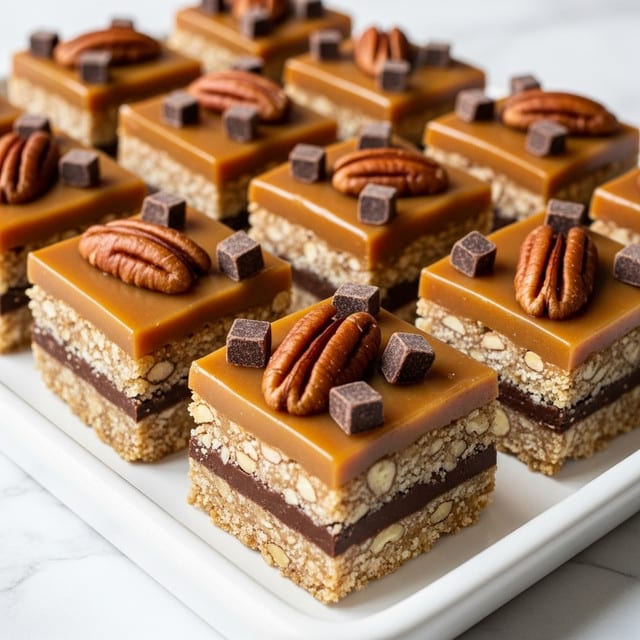 The image shows a tray of square dessert bars, each with three clear layers. The bottom layer is a crumbly, light brown crust with visible nuts. The middle layer is thick and dark chocolate with large nut pieces embedded inside. The top layer is a smooth, shiny caramel glaze, dark amber in color, spread evenly across all bars. The caramel is decorated with scattered whole pecans and small dark chocolate chunks, giving a textured look. The white tray sits on a white marbled surface, and soft natural light highlights the glossy caramel and nut details. photo taken with an iphone --ar 4:5 --v 7