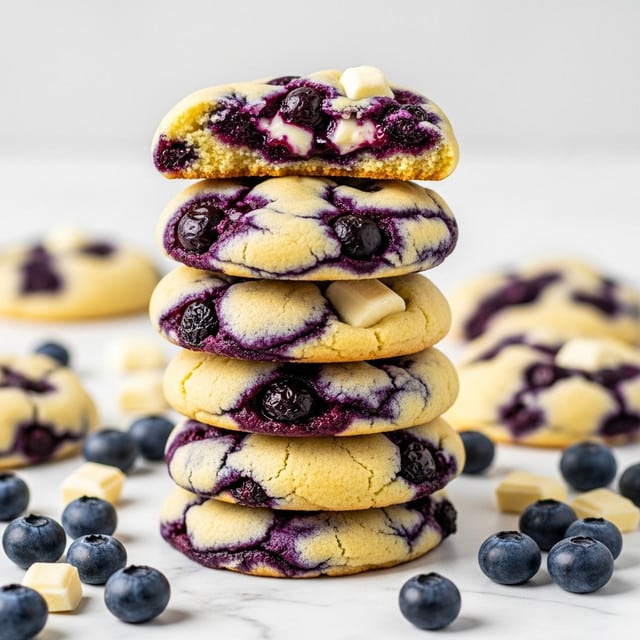 A stack of six soft, golden-yellow cookies filled with juicy, dark purple blueberries is centered on a white marbled surface. Each cookie has uneven edges and visible bursts of blueberries that have released their deep purple juice, creating a marbled effect on the cookie tops and sides. The top cookie shows a section broken open, revealing a moist, slightly gooey texture with melted white chocolate chunks visible among the blueberries. Scattered fresh blueberries and small pieces of white chocolate surround the base of the stack, adding contrast to the scene. The overall look is fresh, warm, and inviting, with a clear focus on the juicy blueberry filling and soft cookie texture. Photo taken with an iphone --ar 4:5 --v 7