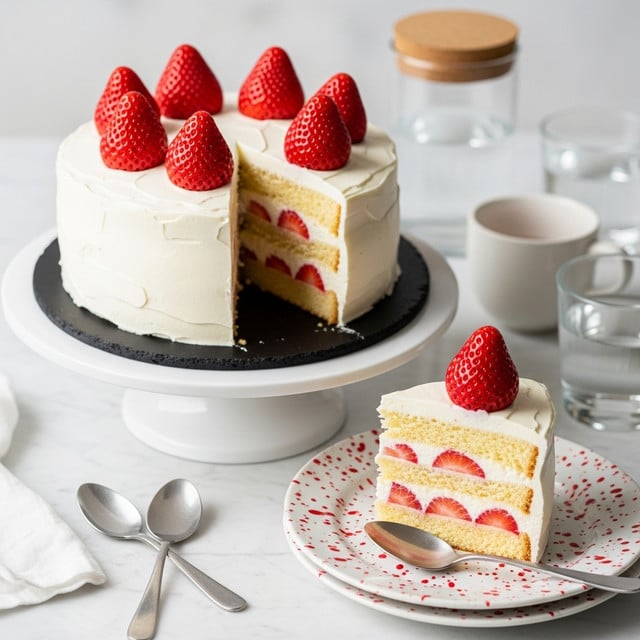 A round cake with two visible layers covered smoothly in white cream sits on a black cake stand. On the top of the cake, six whole red strawberries form a circle, each showing a shiny, textured surface. Nearby, a small white bowl holds sliced red strawberries. Four vintage silver spoons are arranged casually beside the bowl. A white plate with red splatters and a large knife rests in front, all placed on a white marbled surface. In the background, two clear glasses of water, a cream container with a cork lid, and a grey cloth are softly blurred. Photo taken with an iphone --ar 4:5 --v 7