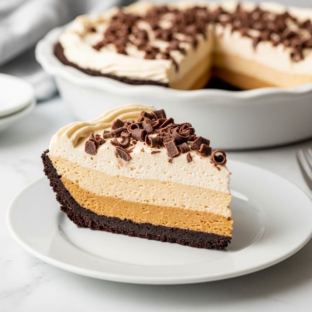 A slice of pie with three distinct layers sits on a white plate against a white marbled surface. The bottom layer is a dark, crumbly chocolate crust, firm and textured. Above it is a thick, creamy, light beige filling layer, smooth but with slight air bubbles giving it a light look. The top layer is a similar light beige cream, thicker but swirled neatly with a soft, smooth texture. Scattered on top are small, dark, curled chocolate shavings, adding contrast and decoration. In the background, the whole pie is visible in a white pie dish, showing the same layers with a slice missing. photo taken with an iphone --ar 4:5 --v 7