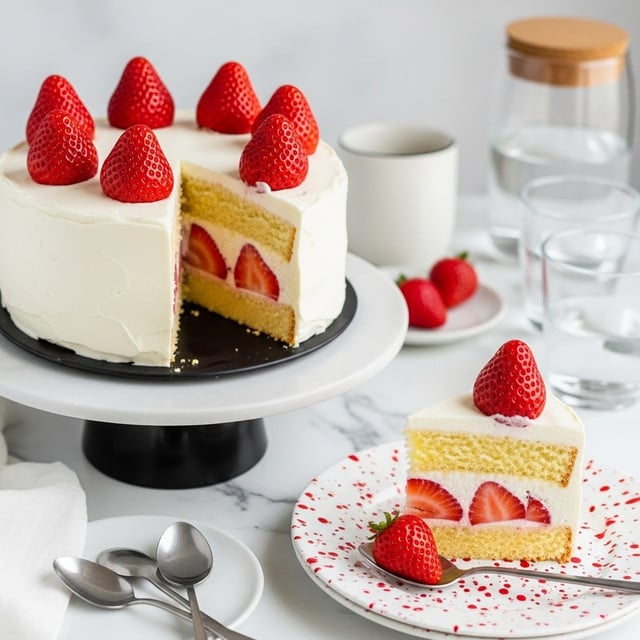A round strawberry shortcake with two thick layers of pale yellow sponge separated by a layer of white cream and whole strawberry pieces inside. The outside is covered with smooth white cream, topped evenly with six whole bright red strawberries. One slice is cut out and placed on a white plate with a red splatter pattern, showing the inside layer of strawberries and cream. The cake is on a white cake stand with a black base, all set on a white marbled texture. Nearby are three small spoons and a spoon resting on the plate, with a cup that has a cork lid and two glasses of water in the background. The lighting is soft and natural. photo taken with an iphone --ar 4:5 --v 7