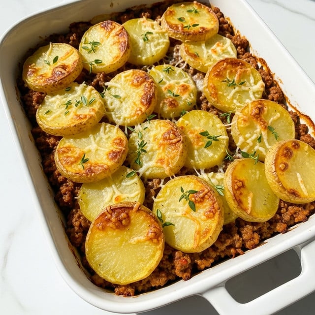 The image shows a white casserole dish filled with a layered baked dish. The bottom layer consists of a rich, brown ground meat sauce, visible around the edges and between the potato slices. On top of the meat are thick, round slices of golden-yellow potatoes arranged in rows, slightly overlapping. The potato slices have a crispy, browned surface with hints of melted cheese or a light crust. Bright green fresh herb sprigs, likely thyme, are scattered over the top, adding a pop of color. The dish sits on a white marbled surface, with natural light highlighting the texture and colors. photo taken with an iphone --ar 4:5 --v 7