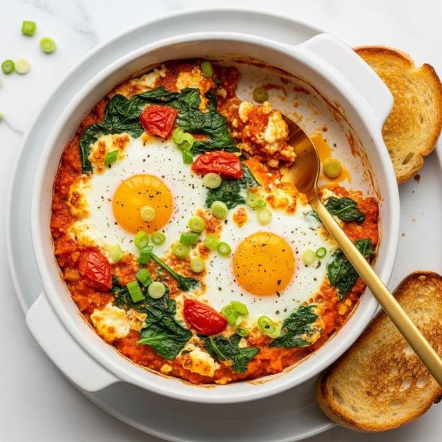The image shows four round white ceramic ramekins on a gold baking tray, each filled with a baked egg dish. Each ramekin has one cooked egg with a soft, slightly translucent white base and a bright orange yolk in the center. Surrounding the eggs, there are visible layers of colorful ingredients: red cherry tomatoes, green spinach leaves, small bits of red and orange pieces, likely bell peppers or onions, all mixed in a creamy, lightly browned egg mixture. The surface of the dish has a slightly oily, glossy texture, with some edges showing a golden crust. The background is a white marbled surface. photo taken with an iphone --ar 4:5 --v 7