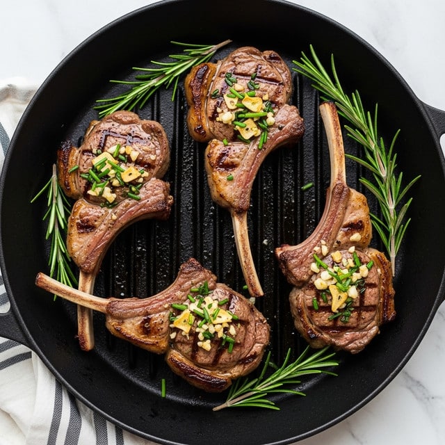 Two thick lamb chops are cooking in a black cast iron pan. Each chop has a browned, crispy outer layer with a mix of golden and darker seared areas. Small bits of green herbs and orange seasoning are spread on the meat’s surface, adding texture and color. The bone on one chop is visible on the left side, showing a slightly charred edge. The pan has a rough, black texture with some grease and small cooked bits around the lamb chops. Photo taken with an iphone --ar 4:5 --v 7