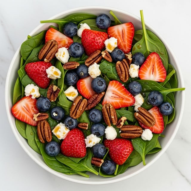 A white bowl filled with a colorful salad sits on a white marbled surface. The base layer is fresh green spinach leaves with a smooth texture. Scattered on top are bright red strawberry slices and whole deep blue blueberries, adding a juicy and vibrant contrast. Whole and chopped glossy brown pecans are spread across, giving a crunchy texture and warm color. Small white crumbles of cheese are sprinkled evenly over the salad. A shiny dark dressing is drizzled lightly on top, creating a glossy finish over the ingredients. photo taken with an iphone --ar 4:5 --v 7