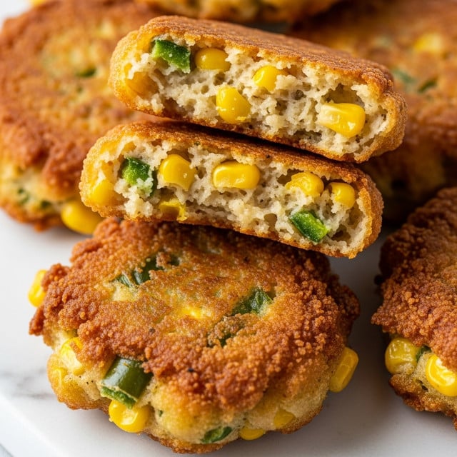 The image shows a close-up of several golden-brown fried fritters with a crispy, rough texture. One fritter is broken in half on top, revealing a soft, fluffy inside with visible yellow corn kernels and small green pepper pieces mixed into the pale batter. The fritters have an irregular, bumpy shape and a warm, inviting color. They are placed closely together on a white marbled surface. photo taken with an iphone --ar 4:5 --v 7