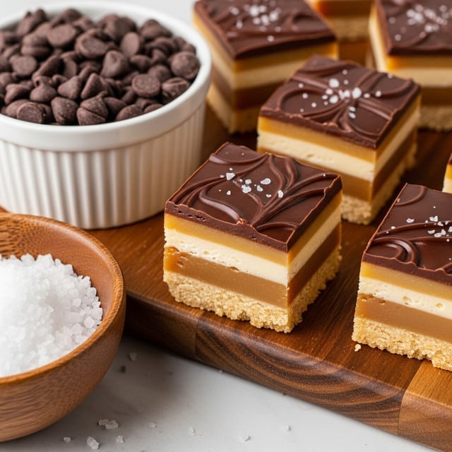 The image shows a close-up of square chocolate caramel bars on a wooden board. Each bar has three clear layers: the bottom layer is a light golden brown crust, the middle layer is a thick, smooth, light caramel layer, and the top layer is a glossy, dark chocolate ganache with gentle swirls and a few grains of salt sprinkled on top. To the left of the bars, there is a white ceramic bowl filled with dark and milk chocolate chips, and partially visible is a wooden bowl filled with coarse sea salt. The entire scene is set on a white marbled surface. photo taken with an iphone --ar 4:5 --v 7