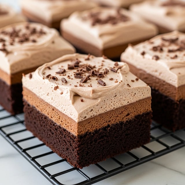 A close-up view of rich, moist chocolate brownies cut into square pieces resting on a cooling rack over a white marbled surface, each brownie showing two layers: a thick, dark brown base layer with a dense texture, topped by a thick, light brown whipped chocolate frosting layer with soft peaks and a slightly rough surface, sprinkled with thin chocolate shavings for added texture. photo taken with an iphone --ar 4:5 --v 7