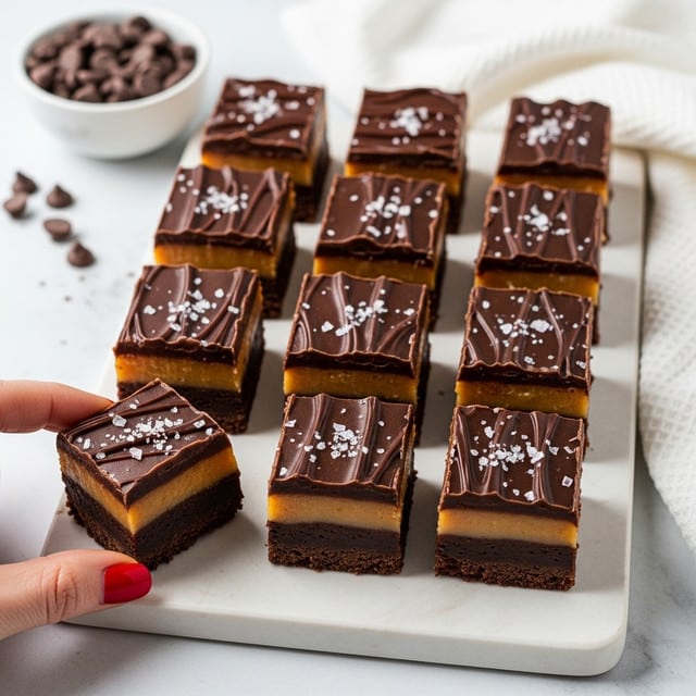 A wooden board holds 15 square dessert bars arranged in three rows, each with three layers: a bottom dark brown chocolate base, a middle caramel layer visible on the edges, and a thick, glossy dark chocolate frosting on top with swirled textures and a sprinkling of coarse sea salt; a woman's hand with red-painted nails is picking up the bar on the bottom left corner, all set on a white marbled surface with a white textured cloth on the top right corner and a small white bowl of chocolate chips in the top left background, photo taken with an iphone --ar 4:5 --v 7