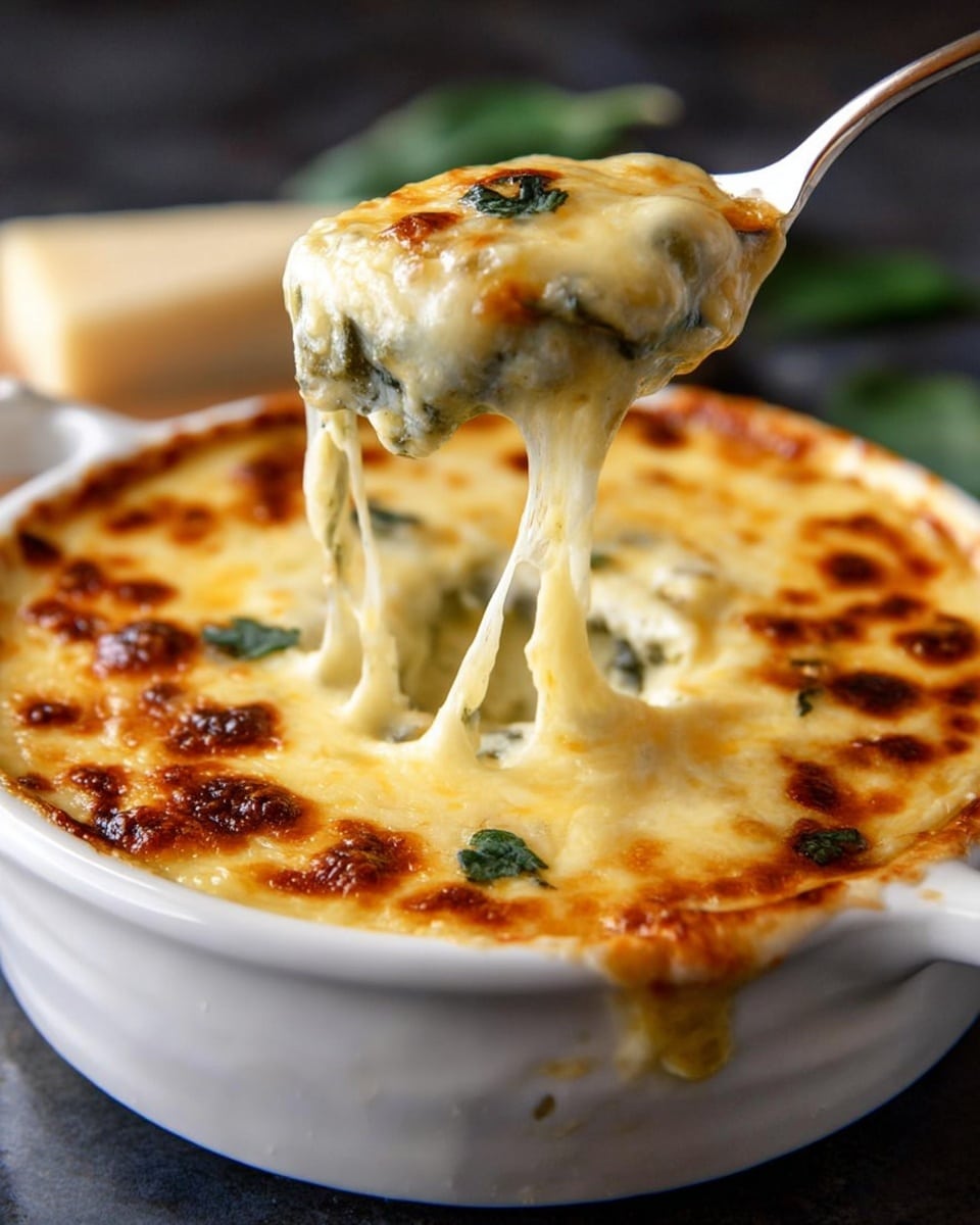 The image shows a white ceramic bowl filled with a creamy, golden-brown baked dish. The top layer is bubbly and browned cheese, slightly crispy at the edges and dotted with small green herb leaves. A spoon is lifting a spoonful, revealing stretchy, melted cheese strings pulling up from the dish, with some soft green vegetable pieces mixed inside the creamy cheese layer beneath the browned top. The background is blurred but dark, contrasting with the bright white bowl and the rich yellow cheese. photo taken with an iphone --ar 4:5 --v 7
