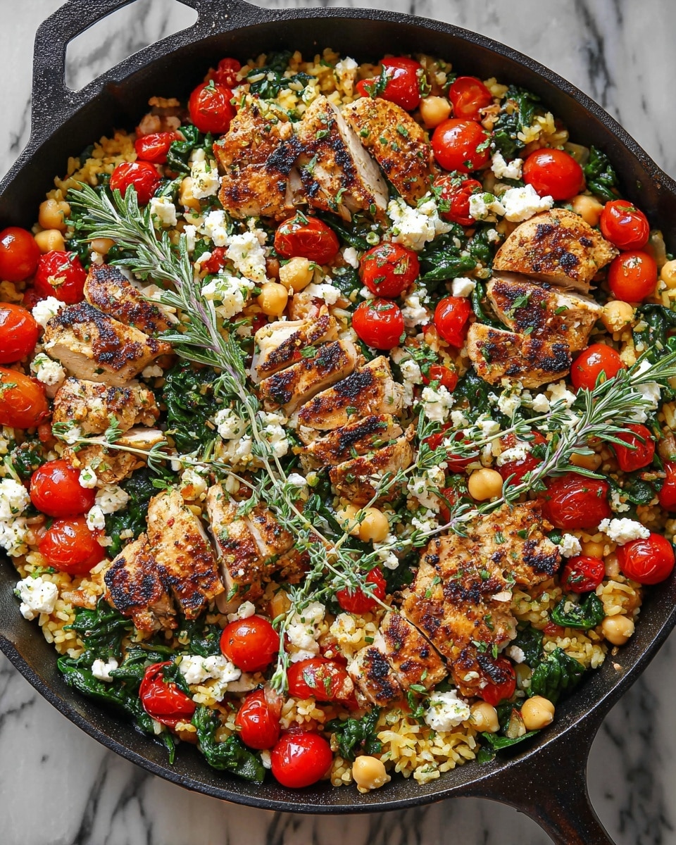A black skillet filled with a colorful mix of food, placed on a white marbled textured surface. The base layer is white rice mixed with green spinach leaves and light beige chickpeas, scattered evenly. Bright red cherry tomato halves are spread across, adding a pop of color. Small white chunks of cheese are sprinkled in between. On top, strips of grilled chicken with a golden brown and slightly charred texture are laid out evenly. Fresh green herbs are scattered around the skillet for garnish. Photo taken with an iphone --ar 4:5 --v 7