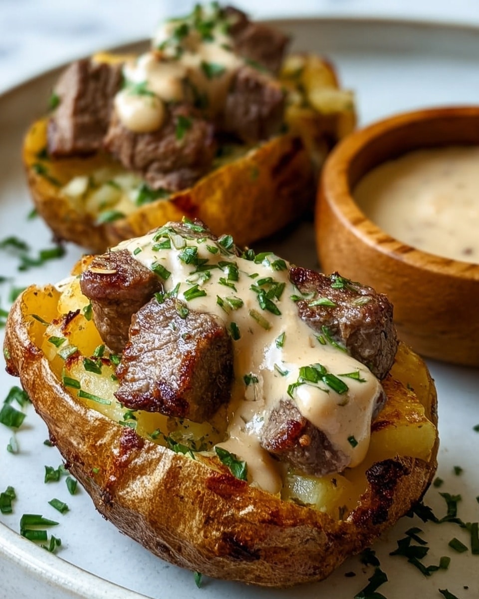 The image shows baked potato halves with crispy golden-brown skins on a white plate, each filled with soft, light yellow mashed potato inside. On top of the mashed potato are thick, juicy chunks of seared steak with a dark brown crust. Creamy Parmesan sauce, pale yellow with black pepper specks, is drizzled over the steak pieces, flowing slightly down the sides of the potatoes. Bright green chopped herbs are sprinkled over the dish, adding a fresh touch. The plate sits on a white marbled surface. Photo taken with an iphone --ar 4:5 --v 7