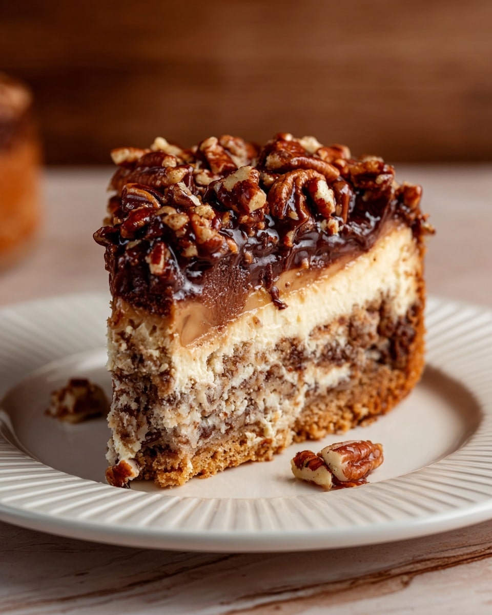 A slice of cake sits on a white plate with ridged edges, showing four visible layers: a light brown crumbly crust at the base, a dense mixed layer of darker brown nuts and cake, a thick creamy beige layer above that, and a glossy dark chocolate topping covered with chopped pecans that look crunchy and uneven. The background features a soft, out-of-focus brown tone with a wooden surface beneath the plate, replaced here by a white marbled texture. photo taken with an iphone --ar 4:5 --v 7
