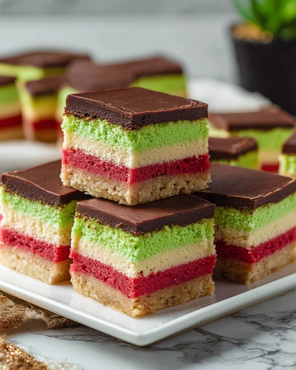 A stack of three colorful layered square bars is placed on a white plate with a delicate embossed rim, set on a white marbled surface. Each bar has four layers: a bright red crumbly bottom layer, a thin golden beige middle layer, a vibrant green cake-like layer above it, and a smooth, glossy dark chocolate layer on top. The top bar has a bite taken out of the corner, showing the texture inside. In the background, more similar bars are arranged in a white rectangular dish, dusted lightly with powdered sugar on the top chocolate layer. On the side, a white cup with a pattern of red reindeer near the rim is partially visible. Photo taken with an iphone --ar 4:5 --v 7