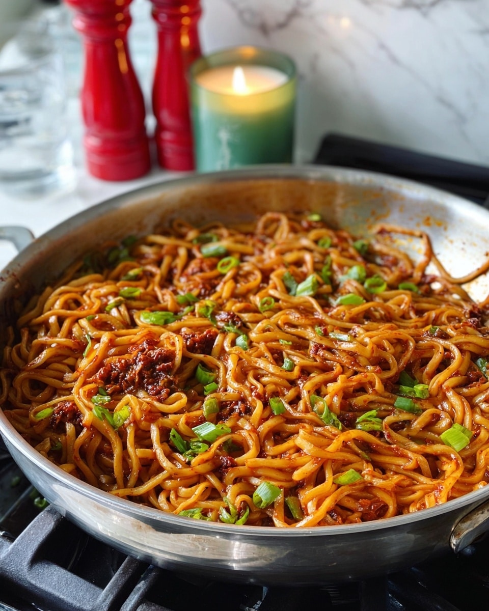 The image shows a close-up of a silver pan filled with thick, twisted noodles coated in a rich, reddish-brown sauce. The noodles have a slightly oily, glossy texture, and small bits of dark red seasoning chunks are scattered throughout. Bright green rings of chopped scallions are sprinkled evenly on top, adding a fresh contrast to the warm tones of the noodles and sauce. In the background, there are two red salt and pepper shakers and a lit candle, all placed on a white marbled surface. photo taken with an iphone --ar 4:5 --v 7