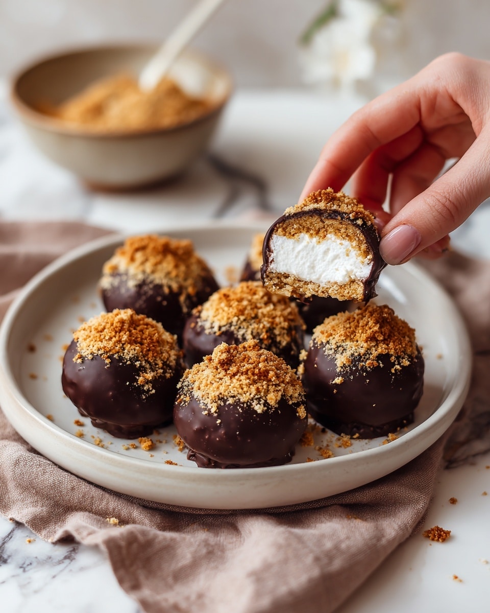 A close-up view of five round treats stacked on a white plate resting on an orange cloth over a white marbled surface; each treat has three layers: a smooth dark chocolate outer shell, a crumbly golden-brown topping sprinkled all over, and a soft, fluffy white center visible in the top treat which is bitten to show the inside. A woman's hand is reaching toward the treats from the upper right corner, and in the blurred background there is a wooden bowl with white marshmallows and a beige mug. Photo taken with an iphone --ar 4:5 --v 7