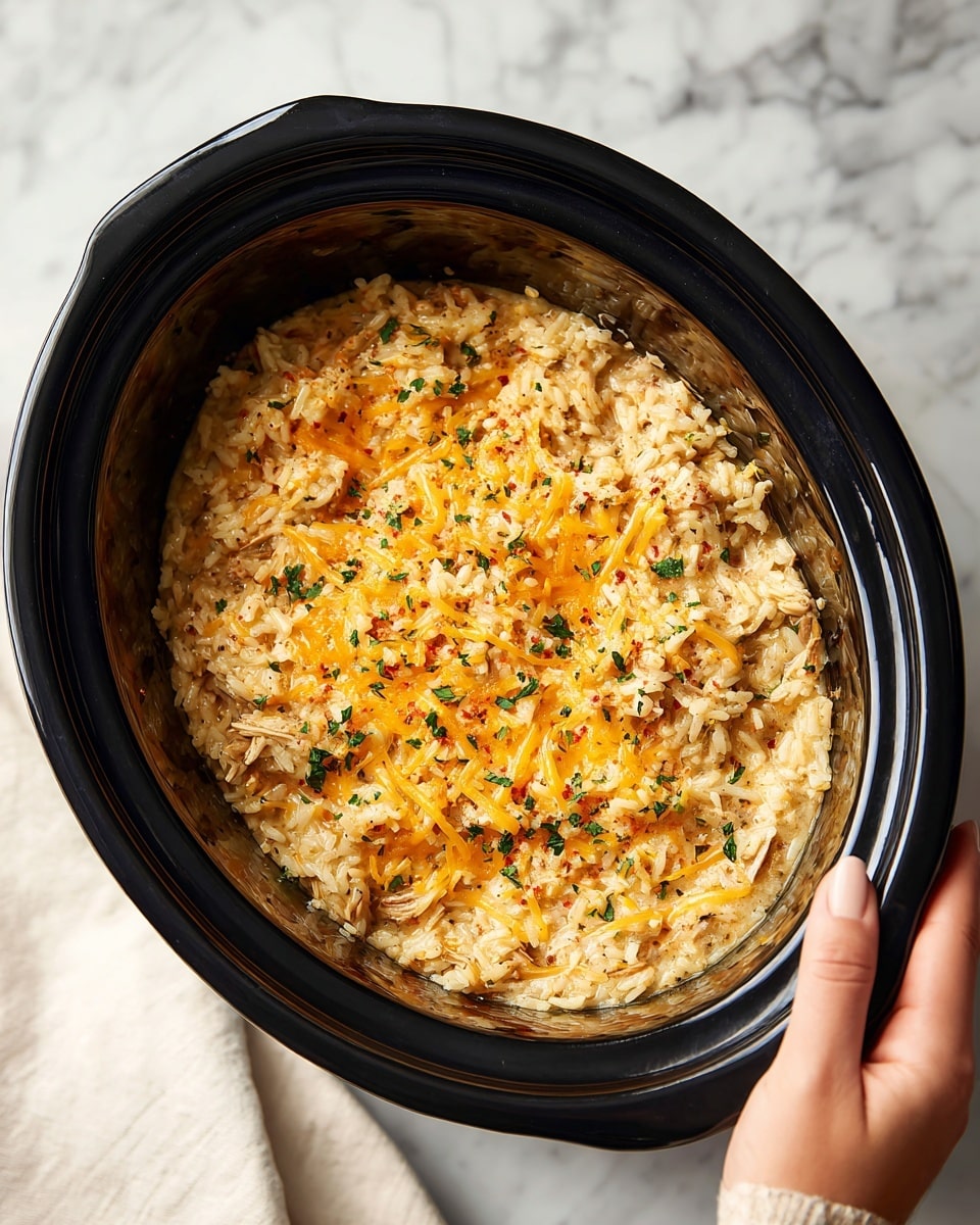 A black slow cooker filled with a creamy, beige-colored rice dish mixed with shredded orange cheese scattered evenly on top, and small green herb bits sprinkled across the surface, giving it a fresh look; the texture looks soft and moist, sitting on a white marbled surface with a woman's hand visible on the right side gently holding the slow cooker. photo taken with an iphone --ar 4:5 --v 7
