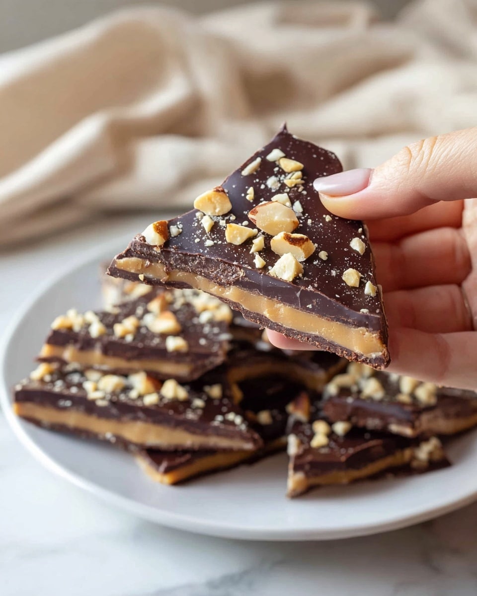A woman's hand is holding a triangular piece of layered chocolate bark above a white plate with several similar pieces. The chocolate bark has three visible layers: the bottom layer is a dark brown, dense chocolate base; the middle layer is a smooth, light caramel color; and the top layer is a glossy dark chocolate coated with small, chopped pale yellow and light brown nuts scattered evenly across the surface. The background shows a soft beige fabric and a white marbled surface under the plate. Photo taken with an iphone --ar 4:5 --v 7