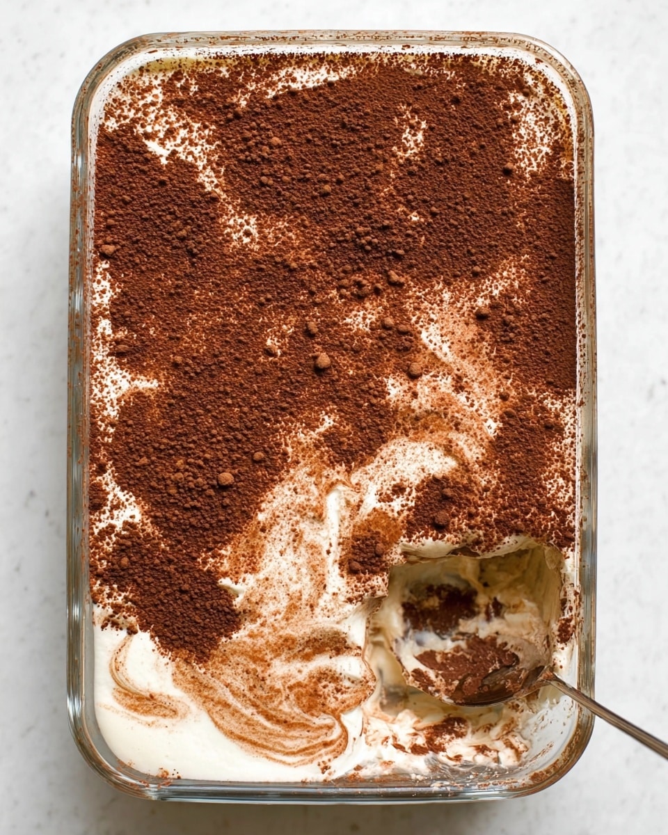 A square glass dish with three visible layers: the bottom layer is dark brown with visible chia seeds, the middle layer is creamy white with a soft texture, and the top layer is a fine dusting of dark brown cocoa powder evenly spread. A spoon is inserted into the right side of the dish, showing a scoop of the creamy white middle layer. The dish is placed on a white marbled surface, with three metallic bowls blurred in the background. Photo taken with an iphone --ar 4:5 --v 7