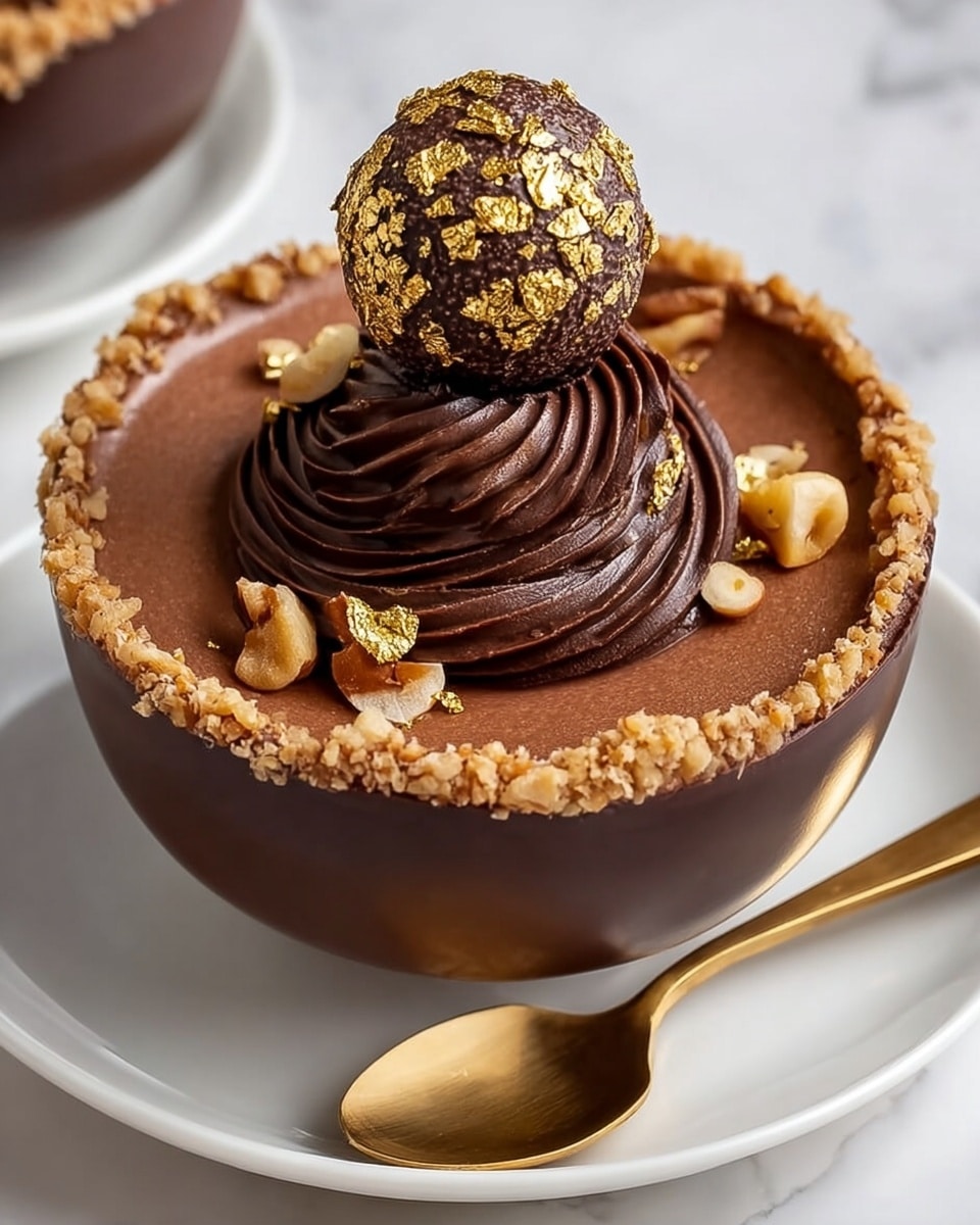 A round dessert served in a dark chocolate bowl with a rough chopped nut coating around the top edge, sitting on a white plate. Inside the bowl is a smooth, light brown mousse layer topped with a swirl of thick, dark chocolate cream in the center. On top of the cream is a textured, gold-foiled chocolate sphere. Scattered around the swirl are small nut pieces and gold flakes. A shiny gold spoon rests on the side of the white plate. The background has a white marbled texture. Photo taken with an iphone --ar 4:5 --v 7