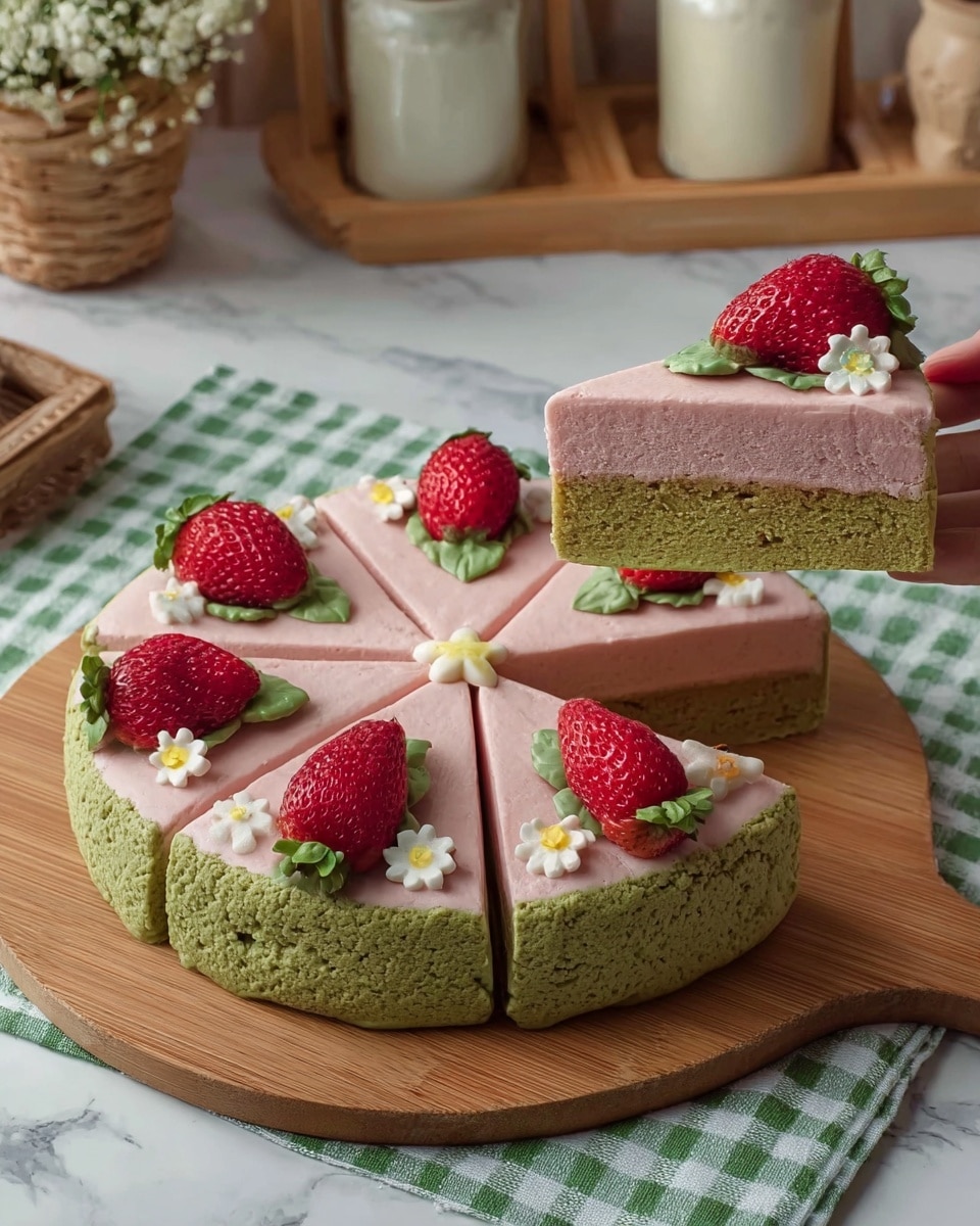 The dessert is a round cake with two layers placed on a wooden board over a green and white checkered cloth on a white marbled surface. The bottom layer is green with a rough texture, while the top layer is smooth and pink, cut into eight slices. Each slice has a whole red strawberry with green leaves on top, along with small white and yellow flower decorations. One slice is lifted and held by a woman's hand, showing the thickness of both layers clearly. In the background, there are kitchen jars on a wooden stand. photo taken with an iphone --ar 4:5 --v 7