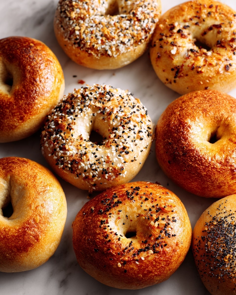 A close-up picture of eight bagels arranged together on a white marbled surface. Three bagels are topped with a mix of white sesame seeds, black seeds, and small fried onion bits, showing a crunchy texture on top and a golden-brown color. The other five bagels have a smooth, shiny, golden crust. Two bagels have a darker brown color with a glossy finish and small dark spots, indicating added ingredients. The bagels have a soft, slightly bumpy texture with round holes in the middle, and their color varies from light golden to medium brown. photo taken with an iphone --ar 4:5 --v 7
