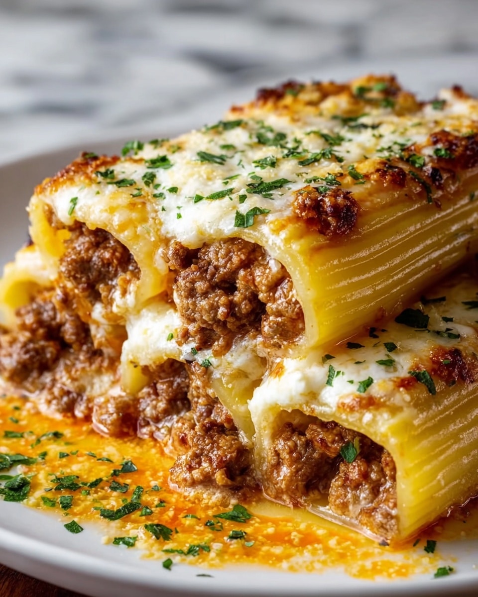 The image shows a close-up of three rigatoni pasta tubes stuffed with a thick, browned ground meat mixture. The pasta is golden-yellow with ridges and is covered by a melted, bubbly, and slightly browned layer of white cheese, sprinkled with finely chopped green herbs. The pasta is arranged tightly together on a white plate with some orange-colored sauce and small green herbs scattered around. The texture looks rich and creamy with a perfect mix of crispy and soft parts on top. The background features a blurred white marbled surface. photo taken with an iphone --ar 4:5 --v 7
