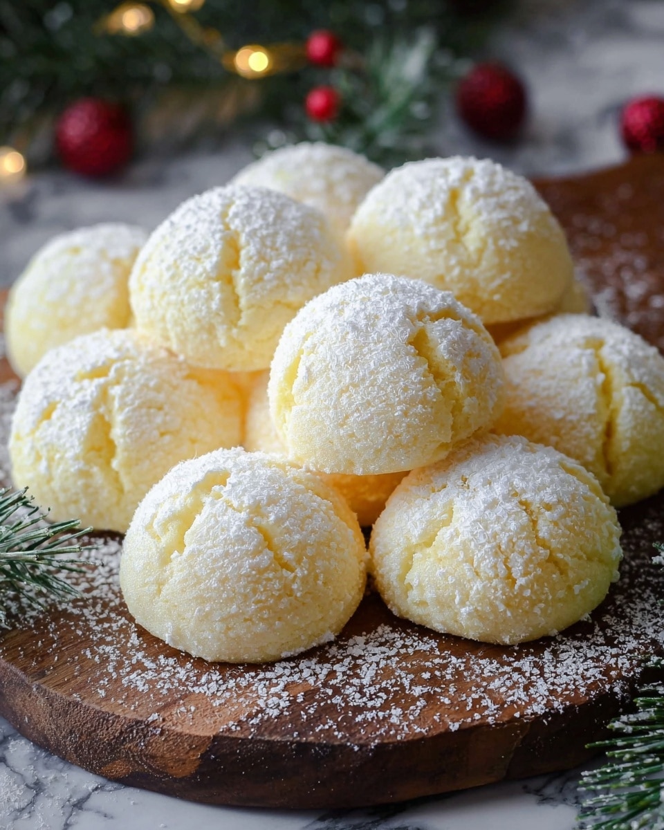 The image shows a close-up of a white plate filled with soft, round cookies covered in a thick layer of white powdered sugar. Each cookie is light yellow inside and has a rough, crumbly texture, with a visible small crack on some, showing their soft middle. The powdered sugar on top looks fluffy and fine, gently resting on the cookies. In the background, there are soft-focus green pine branches and a golden blurred ornament, adding a festive feel. The plate is set on a white marbled surface. photo taken with an iphone --ar 4:5 --v 7