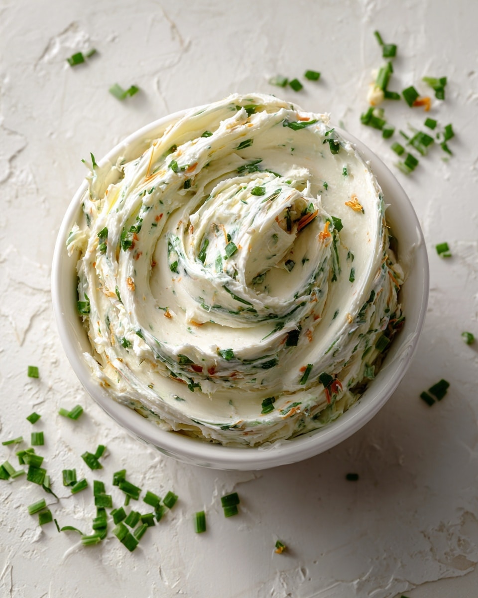 A white bowl sits on a white marbled textured surface, filled with creamy whipped butter mixed evenly with small pieces of green herbs and tiny orange bits. The butter is swirled into soft, thick layers creating a spiral shape inside the bowl. Scattered green herb pieces are placed around the bowl on the surface, adding a fresh and natural look. The overall texture of the butter looks smooth and fluffy with visible colorful herb specks throughout. Photo taken with an iphone --ar 4:5 --v 7