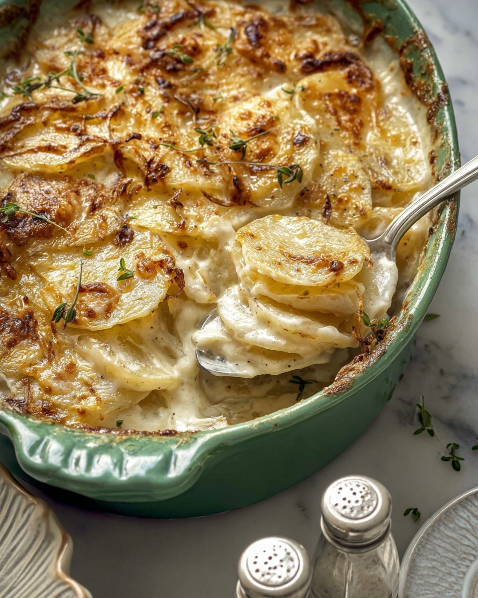 A close-up of a creamy potato gratin in a green dish with a handle, showing multiple thin layers of tender potato slices covered in melted golden-brown cheese on top with some small green herb sprigs scattered for garnish. A silver spoon scoops up a portion, revealing tightly stacked off-white potato layers with a smooth creamy sauce in between, and a slightly browned crust on the surface. The dish sits on a white marbled texture with two glass salt and pepper shakers nearby, and part of a white textured plate visible on the side. photo taken with an iphone --ar 4:5 --v 7