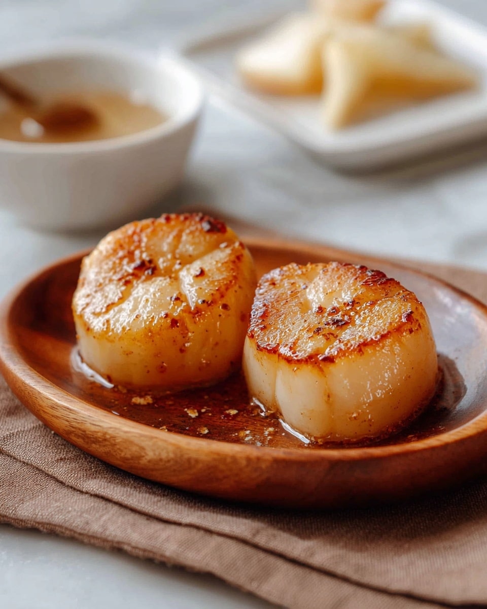 Two large seared scallops with a golden-brown crust sit next to each other on a smooth round wooden plate. The scallops have a shiny, slightly caramelized surface with specks of seasoning visible. The plate rests on a soft brown cloth, placed on a white marbled texture. In the soft background, there is a small white bowl with light-colored triangular slices of food and a white rectangular plate with another scallop, both blurred out. photo taken with an iphone --ar 4:5 --v 7