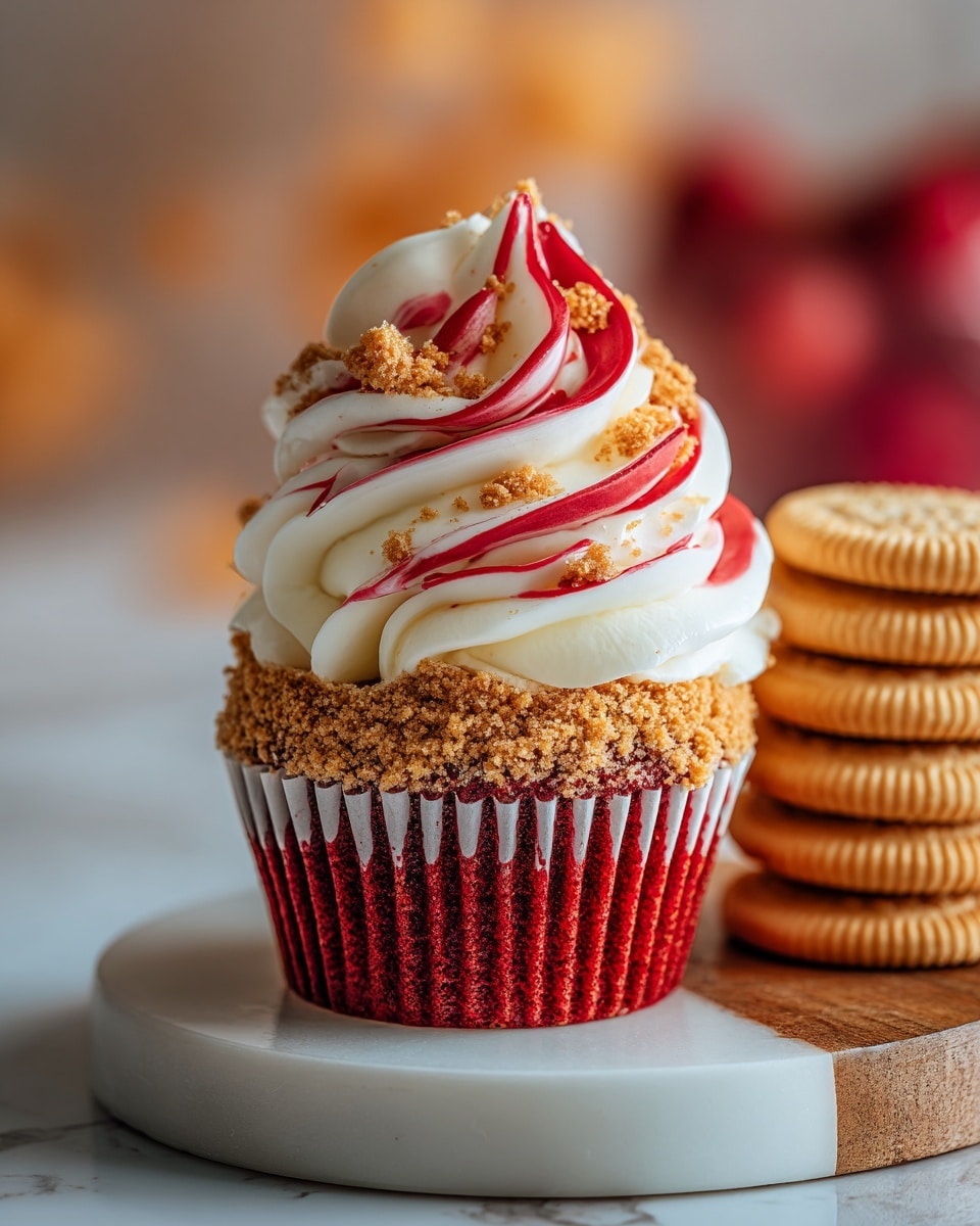 A single red velvet cupcake sits on a white round plate, which is placed on a wooden board over a white marbled surface. The cupcake has a base layer of soft, red sponge with visible vertical lines from the cupcake liner. The top edge is coated with a layer of crumbled light brown biscuit crumbs, creating a rough texture. Above this is a tall swirl of white cream frosting with smooth waves, interlaced with bright red strawberry sauce forming thin stripes in the frosting. More biscuit crumbs are sprinkled on top of the frosting swirl. To the right of the cupcake, several round golden cream-filled sandwich cookies lay stacked. The background is softly blurred with warm tones and hints of red fruit. Photo taken with an iphone --ar 4:5 --v 7