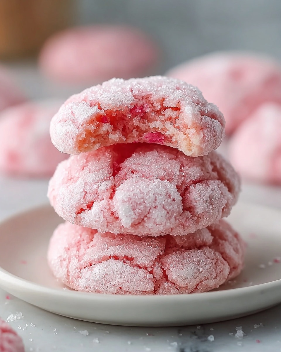 A close-up image shows a stack of three soft, pink cookies coated with white sugar crystals, each cookie having a cracked surface texture. The cookies are placed on a smooth white plate, which rests on a white marbled texture surface. The top cookie has a small bite taken out of it, revealing a slightly lighter, fluffy inside. Blurred similar cookies appear in the background, adding depth to the scene. photo taken with an iphone --ar 4:5 --v 7