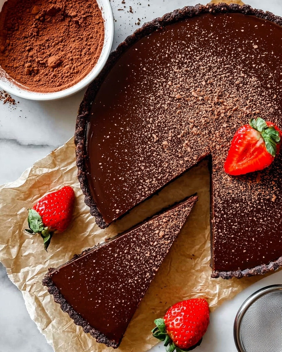 A round chocolate tart with a smooth, glossy dark chocolate top layer, dusted partially with light brown cocoa powder. It is sliced into three pieces, two of them still in the tart and one removed, revealing a thin chocolate crust at the edge. A bright red strawberry with a small green leaf is placed on the cut tart slice, while another strawberry sits nearby on crinkled beige paper. To the upper left, a white bowl filled with cocoa powder can be seen, and a fine mesh sieve is partially visible to the top right. The entire scene is set on a white marbled surface. photo taken with an iphone --ar 4:5 --v 7