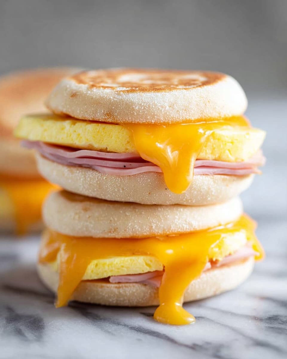 A close-up view of two stacked breakfast sandwiches on a white marbled surface, each sandwich having three layers: a top and bottom layer of lightly toasted English muffin with a soft, slightly rough texture in pale beige; inside, there is a smooth, folded yellow egg layer, topped with a slice of thin pink ham, and melted orange cheddar cheese dripping slightly over the edges, creating a warm and gooey look, all layers aligned neatly. Photo taken with an iphone --ar 4:5 --v 7