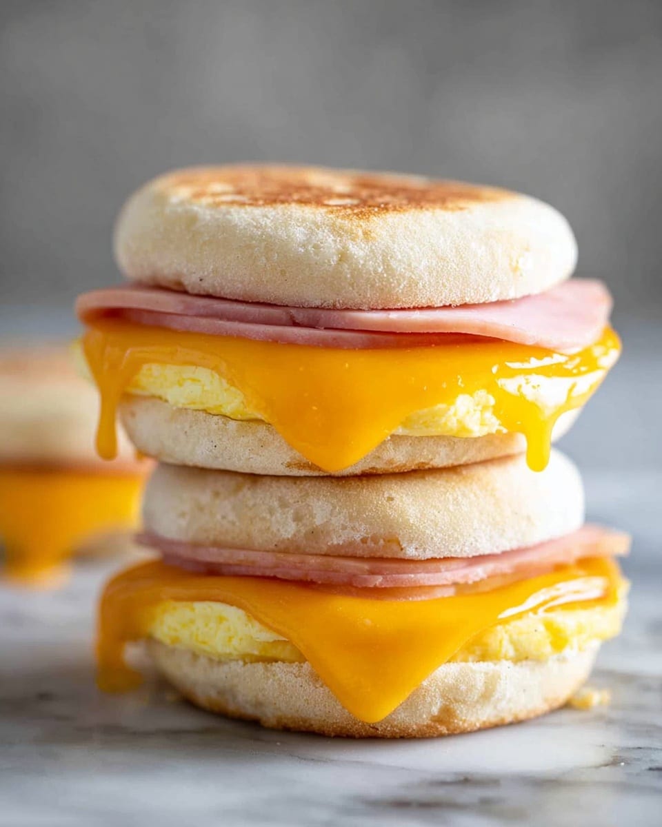 The image shows a close-up of two stacked breakfast sandwiches placed on a white marbled surface. Each sandwich has three main layers: a light golden English muffin at the top and bottom, a slice of bright pink ham, a folded yellow cooked egg, and melted orange cheddar cheese dripping slightly over the muffin edges. The muffins have a lightly toasted texture with a soft crumb inside. The lighting highlights the smooth and creamy texture of the cheese and the fluffy egg. Photo taken with an iphone --ar 4:5 --v 7