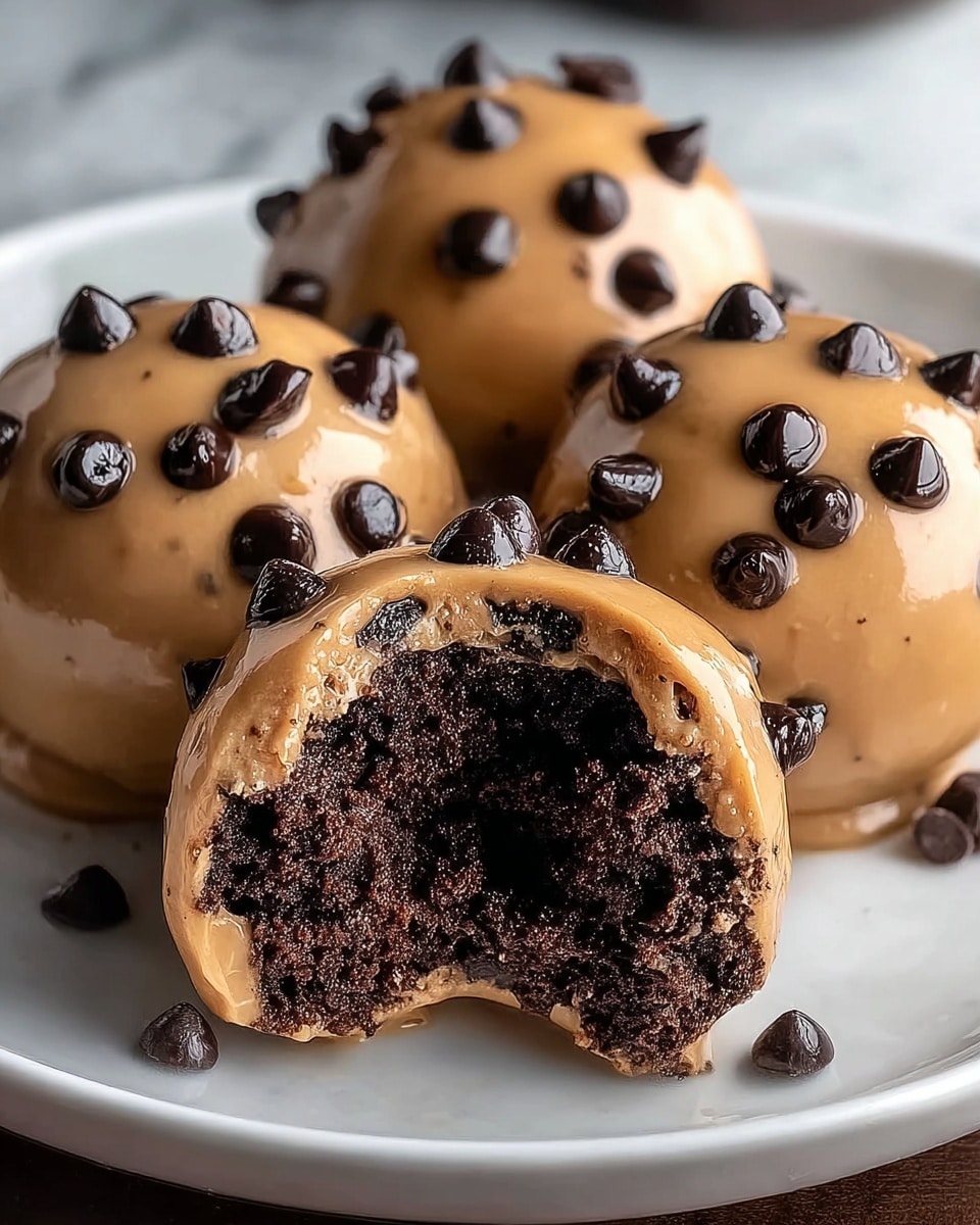 A white plate holds four round chocolate muffins, each topped with a glossy light brown caramel sauce that drips down the sides. The caramel is studded with small dark chocolate chips scattered evenly on top. The front muffin is cut in half, showing a moist, dark chocolate crumb inside, with some crumbs fallen on the plate. The background is a white marbled texture and the image is softly lit to highlight the textures and shine on the caramel sauce. Photo taken with an iphone --ar 4:5 --v 7