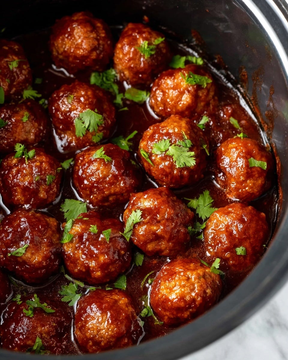 A white bowl is full of round meatballs covered in shiny, thick reddish-brown sauce. The meatballs are piled high, with some small green herb leaves sprinkled on top, adding a fresh touch. The surface under the bowl is white with a marbled look, and some green herb leaves are blurred in the background. photo taken with an iphone --ar 4:5 --v 7