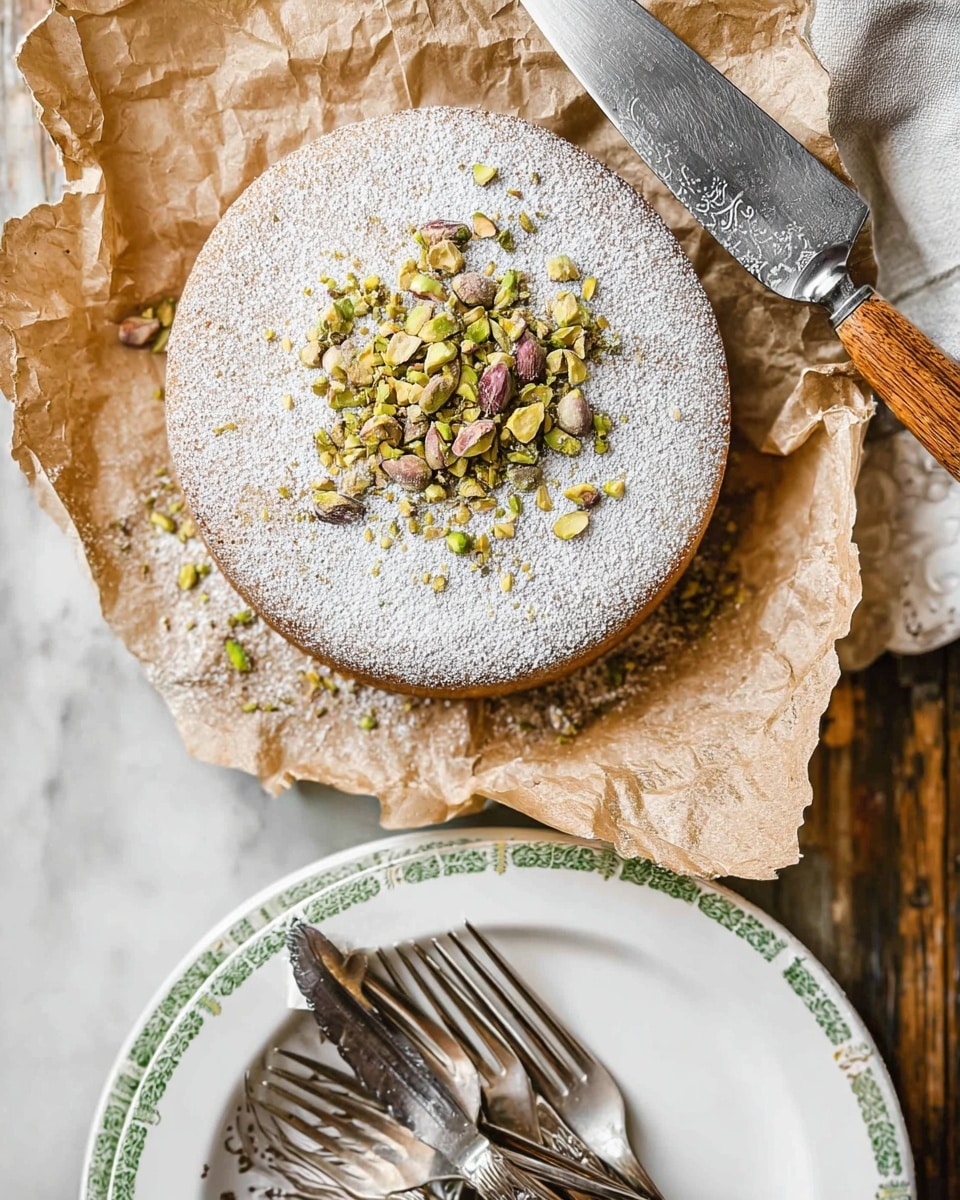 A single round cake sits on crumpled brown parchment paper over a white plate. The cake has a light brown color with a soft texture and is dusted with powdered sugar, creating a snowy white layer on top. There is a sprinkle of chopped green and brown pistachios scattered mostly in the center, adding a fresh, crunchy texture. Next to the cake, a silver cake server and knife with a wooden handle rest leaning on the parchment, showing the metallic shine of their blades. Below the plate, a white plate with a green patterned rim holds several silver forks, all set on a white marbled texture surface. Photo taken with an iphone --ar 4:5 --v 7