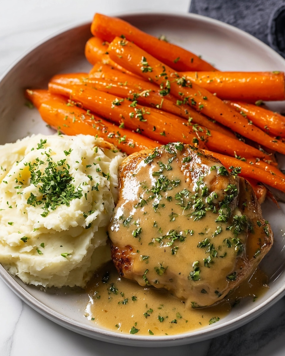 A white plate shows a meal with three parts. On the right, there is a thick piece of roasted meat with a golden-brown crust, covered with a smooth, creamy beige gravy sprinkled with green herbs. Behind it, to the top right, there is a mound of fluffy mashed potatoes that are creamy white and topped with finely chopped green herbs. On the left side, there is a neat row of whole cooked carrots, bright orange and shiny, also sprinkled lightly with green herbs. The plate sits on a white marbled surface. Photo taken with an iphone --ar 4:5 --v 7