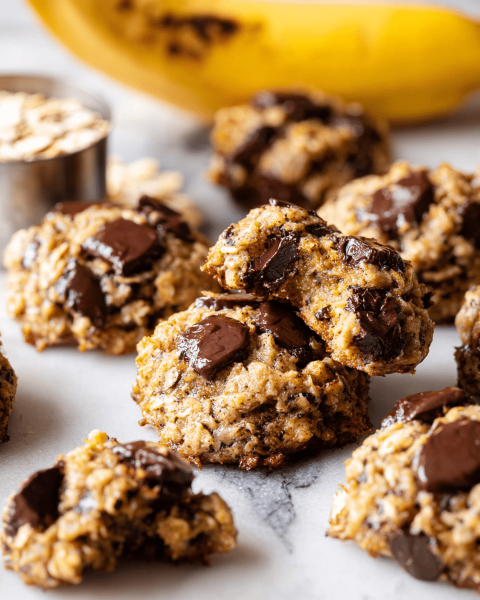 A group of small, round cookies with a rough, textured surface made of oats and chunks of melted dark chocolate sits on a white marbled texture. Each cookie has a light brown, golden color with dark brown chocolate pieces scattered throughout, some partially melted. One cookie in the center is broken open to show a soft inside with visible oats, bits of banana, and gooey chocolate. In the background, a ripe banana with brown spots lies slightly out of focus, and a metal measuring cup filled with oats is on the lower left side. Photo taken with an iphone --ar 4:5 --v 7