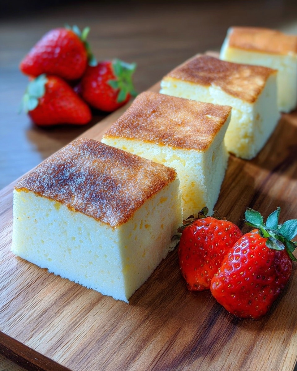 Four pieces of soft cake with a golden-brown top layer and a light cream inside are lined up on a wooden board. Behind the cake pieces, there are bright red strawberries with green leaves. The texture of the cake looks fluffy and smooth on the inside, and the top is slightly crispy. The photo is taken with an iphone --ar 4:5 --v 7